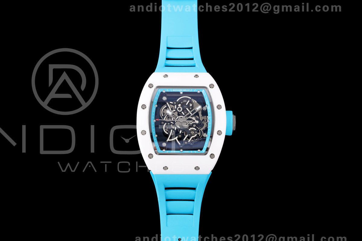 Mille Studio RM055 White Ceramic 1:1 Best Edition Blue Dial on Blue Rubber Strap RMUL2 Super Clone
